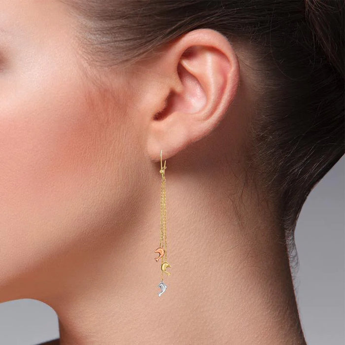 14k Gold Tri-Color Dolphin Dangling Earrings