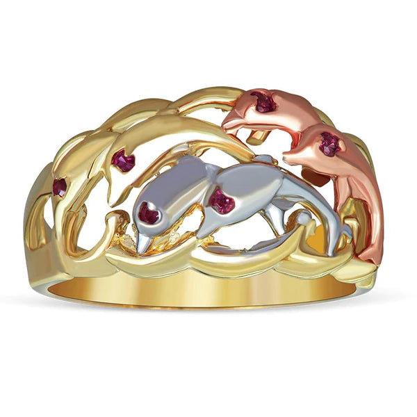 14k Gold Tri-Color Dolphin Ring