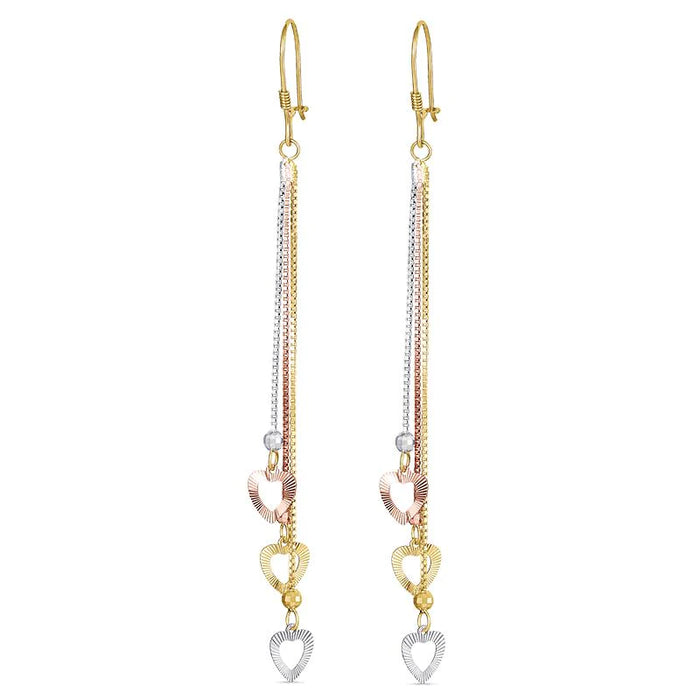 14k Gold Tri-Color Hearts Dangling Earrings