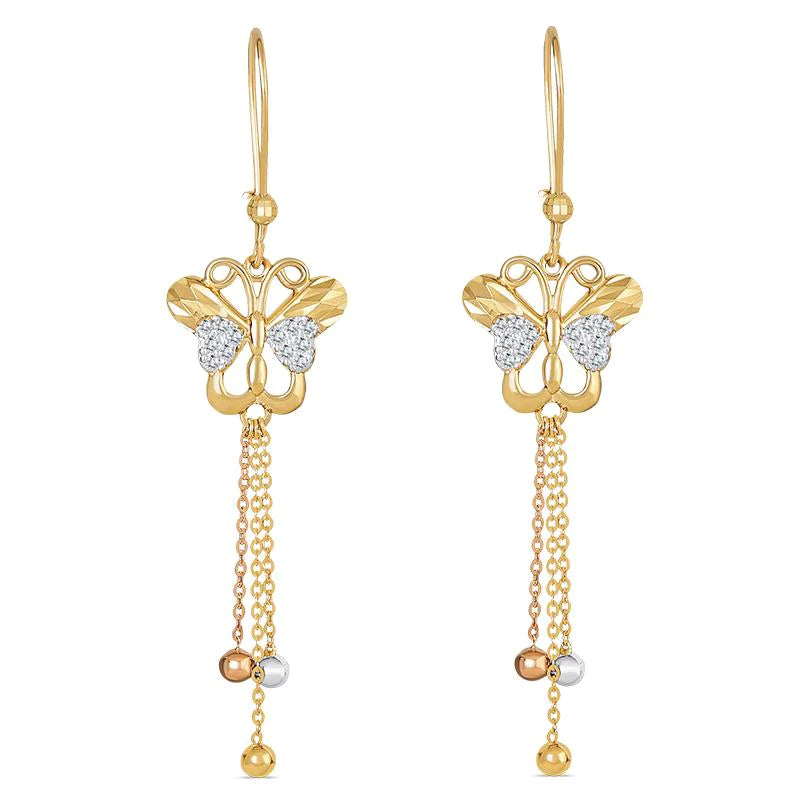 14k Gold Two-Tone Butterfly Cz Dangling Earrings