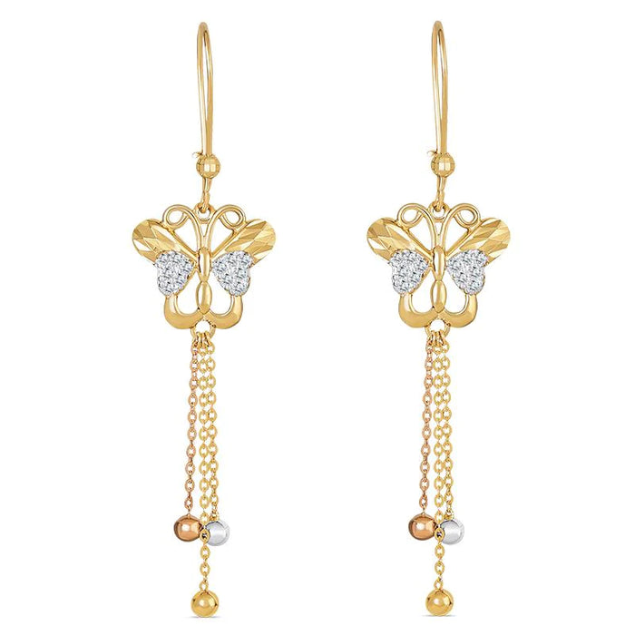 14k Gold Two-Tone Butterfly Cz Dangling Earrings