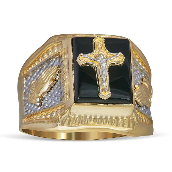 14k Gold Two-Tone Cross Onyx Ring