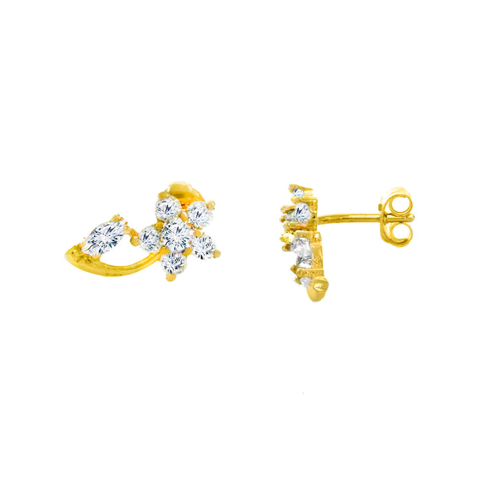 14k Gold White Flower & Leaf Cz Earrings