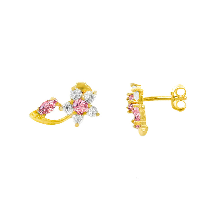 14k Gold White and Pink Flower & Leaf Cz Earrings