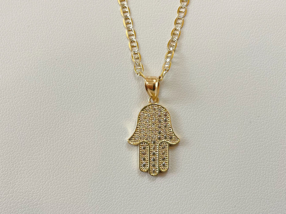 14k Gold Diamond Cut Hamsa Hand Cz Necklace