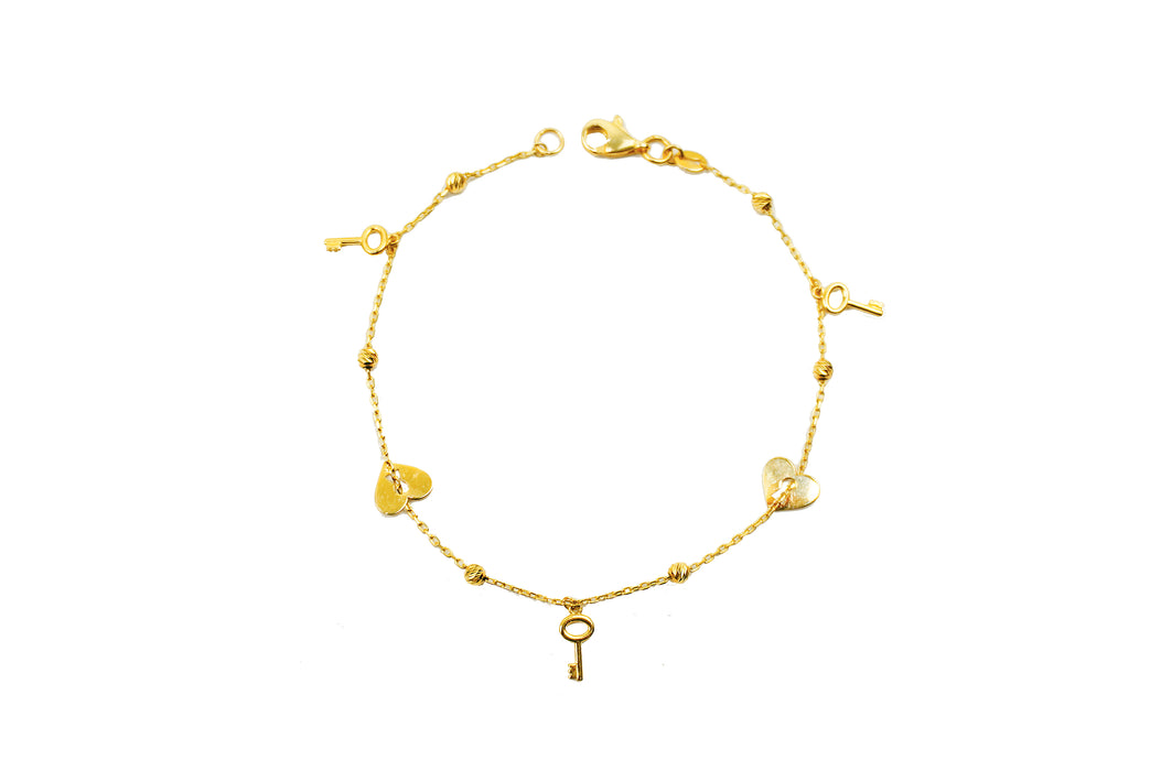 14kt Yellow Gold Women's Heart & Key Charm Bracelet