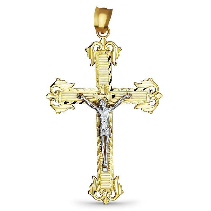 14k Gold Two-Tone Fleur De Lis Crucifix Pendant - Medium