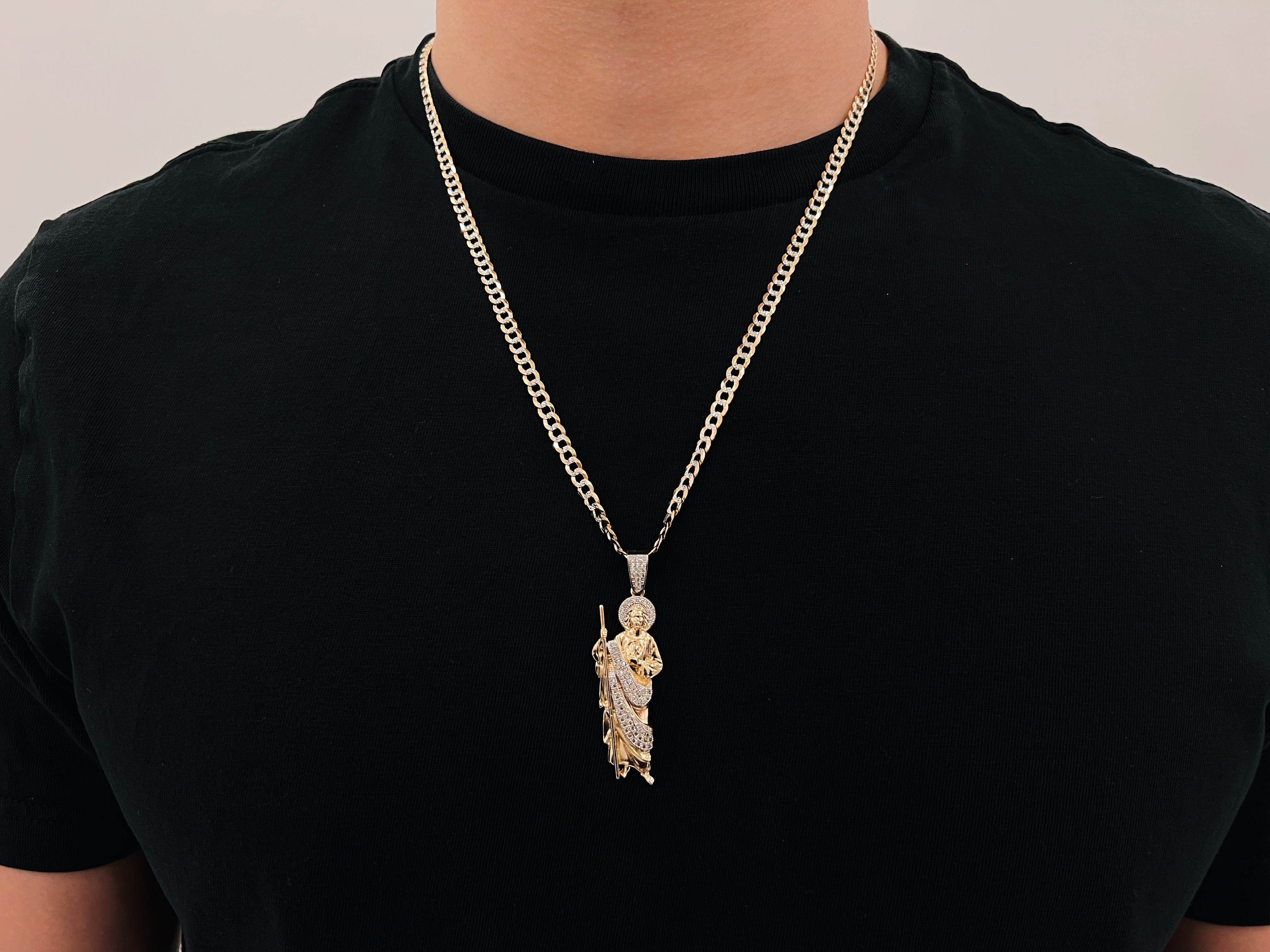 14k Gold Diamond Cut Two-Tone Gold San Judas Cz Chain