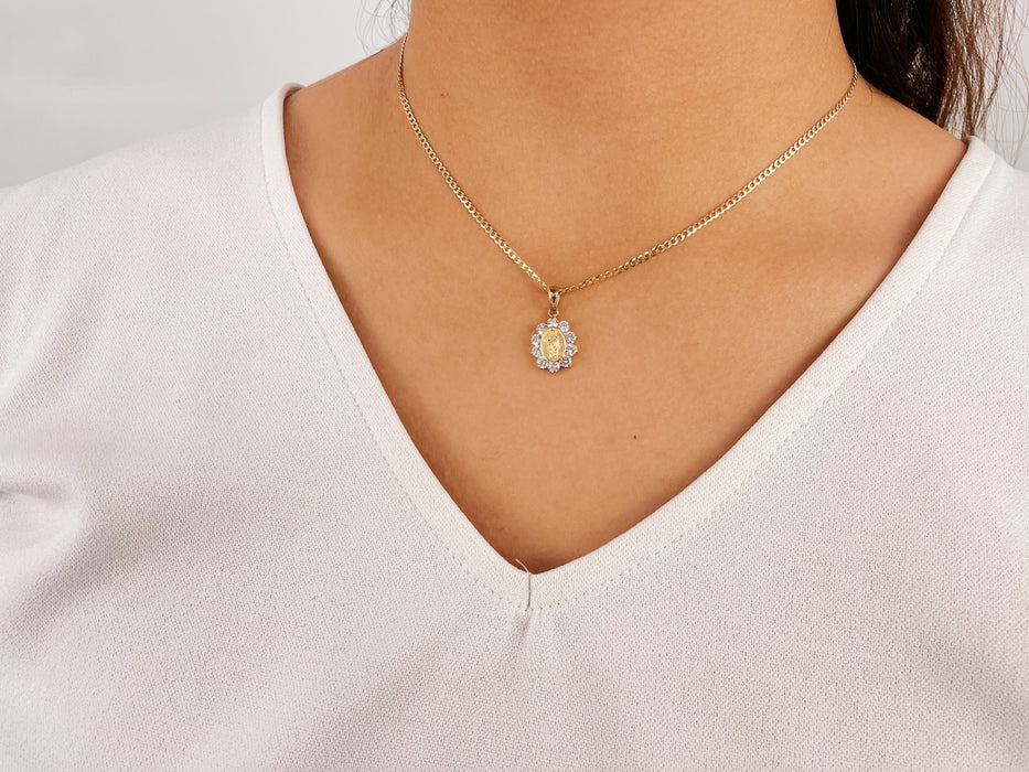 14k Gold Our Lady of Guadalupe Necklace (White Cz)